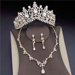 Barok Goud Bloem Diadeem Bruids Sieraden Sets Voor Vrouwen Luxe Party Prom Bride Tiara Crown Ketting Oorbellen Bruiloft Set H1022