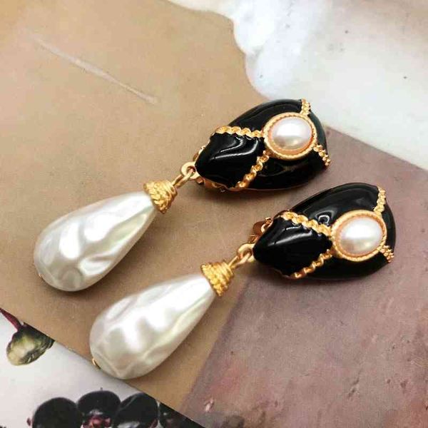 Joyas barrocas Pendientes colgantes de perlas Negro Pintura al óleo Accesorios Accesorios Moda Brincos