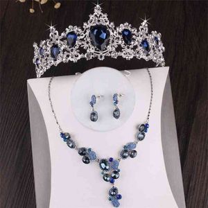 Barok Luxe Verzilverd Blauw Crystal Bridal S Necklace Earring Tiara Crown Wedding African Beads Sieraden Set