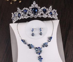 Barokke luxe verzilverde blauwe kristallen bruids sieraden sets ketting oorrang tiara kroon set bruiloft Afrikaanse kralen sieraden set2699325