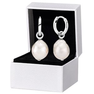 Pendientes de aro de perlas blancas Plata de ley real para joyería de fiesta de bodas de Pandora para mujer Conjunto de aretes de diseñador de regalo de novia con caja original al por menor