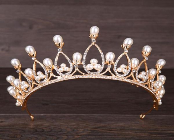 Barroco Pearls Crystal Bridal Crowns Bandas de cabello oro Tiaras Diadema de boda Diadem Queen Crown Tiara Boda Velo cabello ACC8836396