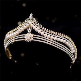Barok Retro Gold Crystal Pearl Bridal Tiaras Crown Geometric Pageant Diadeem Bruid Hoofdband Bruiloft Haaraccessoires 220217