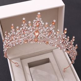 Barokke Retro Rose Gold Peach Crystal Bridal Tiara Crown steentjes Pageant Prom Diadeem Bruid Hoofdband Bruiloft Haaraccessoires 220804