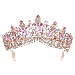 Barokke Rose Gold Pink Crystal Bridal Tiara Crown met kam Pageant Prom Sluier Hoofdband Bruiloft Haaraccessoires 211006