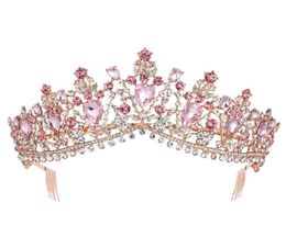 Corona barroca de tiara nupcial de cristal rosa dorado rosa con peine desfile de graduación velo de diamantes de imitación tiara diadema accesorios para el cabello de boda Y4415480
