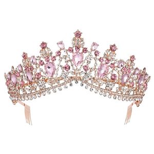 Barokke Rose Gold Pink Crystal Bridal Tiara Crown met kam Pageant Prom Sluier Hoofdband Bruiloft Haaraccessoires 220226