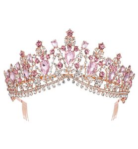 Barokke roségouden roze kristal bruids tiara kroon met kam optocht prom steigentoon sluier tiara hoofdband bruiloft haaraccessoires y7978663