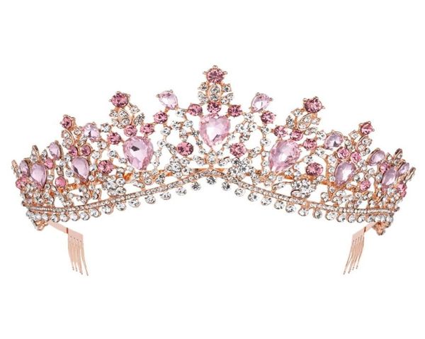 Corona de tiara nupcial de oro rosa rosa barroque con riano de velo de velo de velo de velo tiara cabello para bodas accesorios para el cabello Y4048357