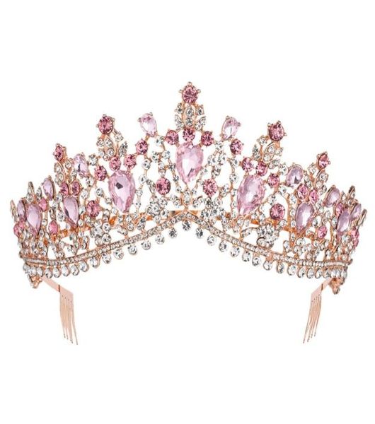 Couronne de diadème de mariée en cristal rose or rose baroque avec peigne Pageant bal strass voile diadème bandeau accessoires de cheveux de mariage Y8738437