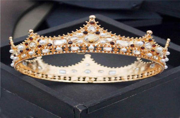 Baroque Royal King Diadem Men Crystal Pearls Metal Tiaras Wedding Crown Hair Bijoux Big Head Ornaments Prom Party Accessoires 2113905361