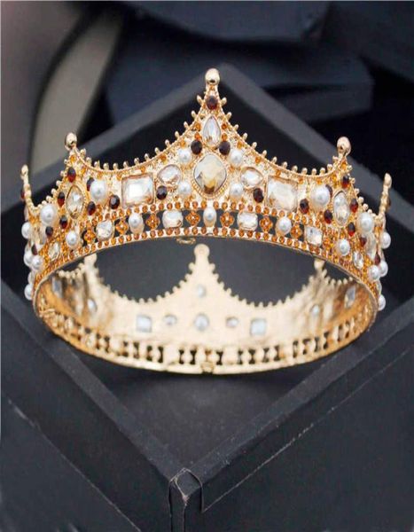 Baroque Royal King Diadem Men Crystal Pearls Metal Tiaras Wedding Crown Hair Bijoux Big Head Ornaments Prom Party Accessoires 2117150957