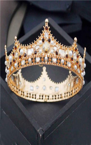 Baroque Royal King Diadem Men Crystal Pearls Metal Tiaras Wedding Crown Hair Bijoux Big Head Ornaments Prom Party Accessoires 2117286324