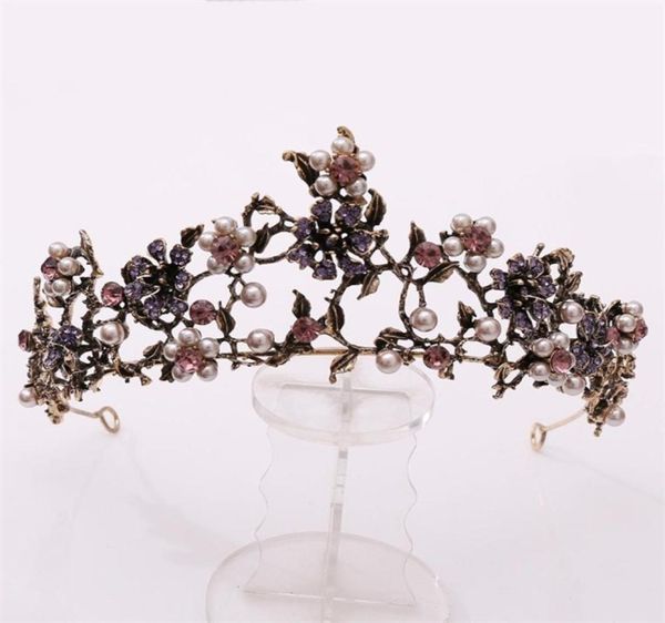 Baroque vintage noire violet cristal perles tiaras Crown Pageant Diadem Veil Tiara Wedding Hair Accessoires 22071689097108972111