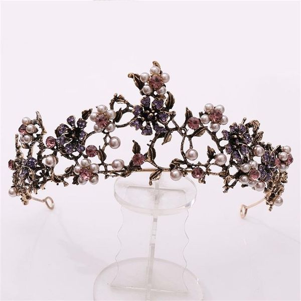 Baroque vintage noire violet cristal perles de mariée Tiaras Crown Pageant Diadem Veil Tiara Wedding Hair Accessoires 210701274D