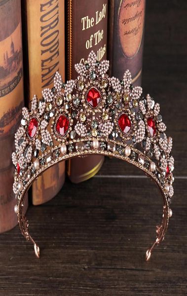 Barroco Vintage Cristal Coronas nupciales Diademas Tiaras nupciales rojas Diademas Diadema de boda Corona de reina Tiara de fiesta Cabello de boda Ac3819728