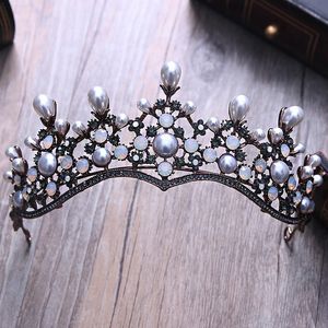 Barokke Vintage Crystal Pearl Bridal Tiaras Hairband Headpiece Black Rhinestone Prinses Pageant Crown Bruiloft Haaraccessoires Y200807