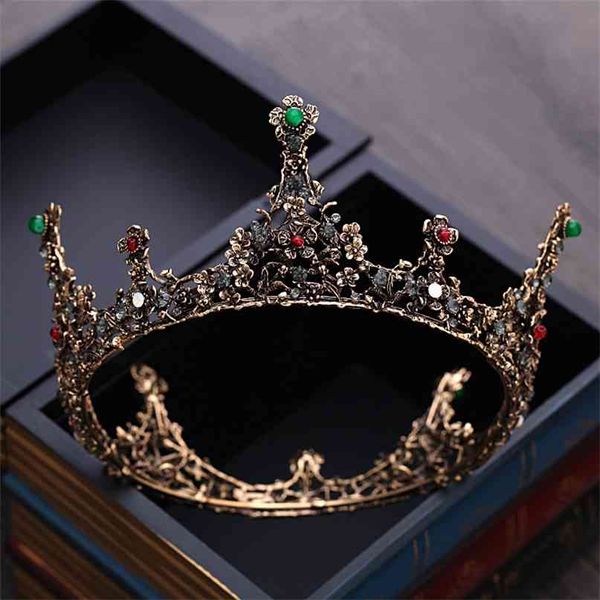 Barroco Vintage Oro Negro Cuentas de cristal Tiaras nupciales redondas Corona Reina real Desfile Boda Accesorios para el cabello 210707