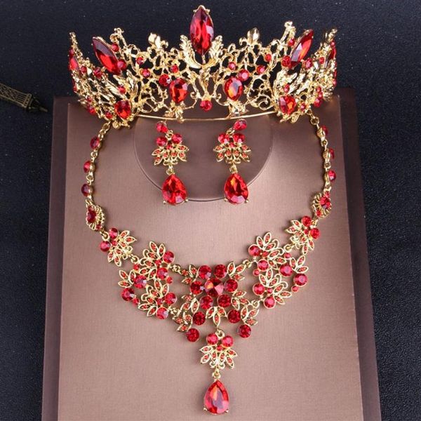 Ensemble de bijoux de mariée baroques Vintage en cristal rouge doré, diadèmes en strass, couronne ras du cou, collier et boucles d'oreilles, accessoires de mariage 226J
