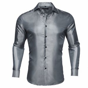 barry.Wang Busin Camisa de lujo para hombres Gris Llano LG Manga Butt Down Tops masculinos Seda Primavera Otoño Hombre Blusas Formal CY-0721 B3bs #