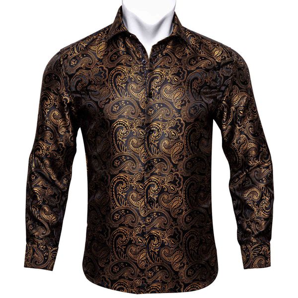 Barry.Wang Gold Paisley Chemises en soie brillante Hommes Automne Manches longues Chemises à fleurs décontractées pour hommes Designer Fit Chemises habillées BCY-07 210708