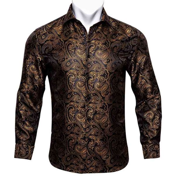 Barry.Wang Gold Paisley Chemises en soie brillante Hommes Automne Manches longues Chemises à fleurs décontractées pour hommes Designer Fit Chemises habillées BCY-07 210714