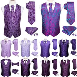 Barry Wang Soie Hommes Gilet Robe Violet Paisley Solide Slim Gilet Costume Cravate Boutons De Manchette Hanky Formelle Affaires Veste Sans Manches 240125