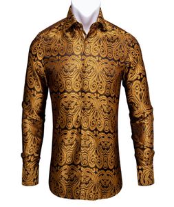 BarryWang Gold Paisley chemises en soie brillante hommes automne à manches longues chemises à fleurs décontractées pour hommes chemises habillées ajustées de créateur BCY036848840