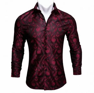 Barrywang Red Paisley Bright Silk Shirts Men Herfst Long Sleeve Casual Flower Shirts For Men Designer Fit Dress BCY01 GIHP6963358