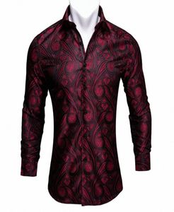 Barrywang Red Paisley Bright Silk Shirts Men Herfst Lange Mouw Casual Flower Shirts For Men Designer Fit Dress BCY01 GIHP1842388