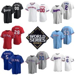 2023 24 World Series honkbalshirts 5 Corey Seager 30 Nathaniel Lowe 2 Marcus Semien 6 Josh Jung 53 Adolis Garcia 28 Jonah Heim 48 Jacob deGrom Stitch Zwart Rood Blauw