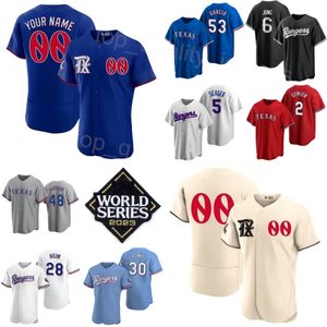 Béisbol 2023 24 Serie Mundial 48 Jacob deGrom Jerseys 5 Corey Seager 30 Nathaniel Lowe 2 Marcus Semien 6 Josh Jung 53 Adolis García 28 Jonah Heim Flexbase cosido