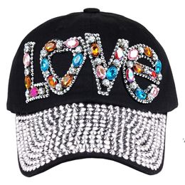 Casquette de Baseball Femmes Plein Cristal Coloré Big LOVE Chapeau Denim Bling Strass Snapback Caps Casquette Chapeaux D'été ZZA13400