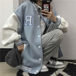 Honkbaljack vrouwen Koreaans losse pocket letter print oversized bomber sweatshirt uniform streetwear paar tops 220813