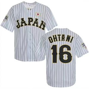 Jersey de baseball Japon 16 OHTANI Oversize Outdoor Sportswear Broderie Couture Rayures blanches Noir Hip Hop High Street T-shirts 240305