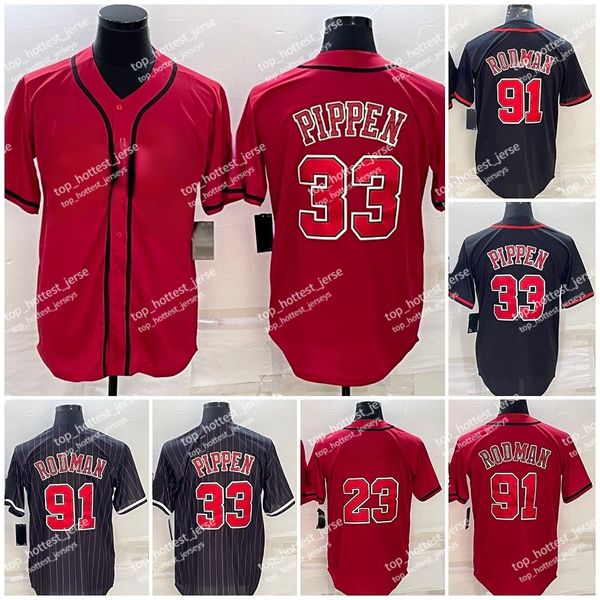 2023 Nouveau maillot de baseball 91 Dennis Rodman 33 Scottie Pippen Maillot de basket-ball de baseball cousu à fines rayures noires et rouges
