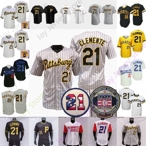 Maillots de baseball 21 Roberto Clemente Maillot rétro gris à fines rayures Porto Rico jaune rétro chanvre gris 21 drapeau Hall of Fame Patch noir Santurce Crabbers blanc