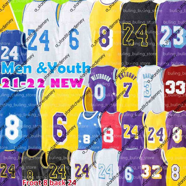 Maillots de baseball Carmelo Anthony Jersey 7 8 24 33 3 Davis 6 Maillots de basket 0 23 Russell Westbrook Bryant Or Blanc Violet Rétro Hommes Enfant Jeunesse Broderie