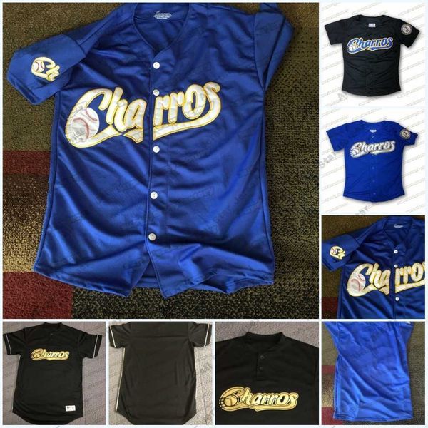 Maillots de Baseball Charros De Jalisco Noir Bleu 100% Maillot de Baseball Blanc Cousu