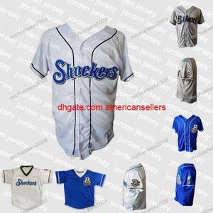 Maillots de baseball personnalisés Mens Biloxi Shuckers Blanc Gris Bleu Chemises à double couture personnalisées