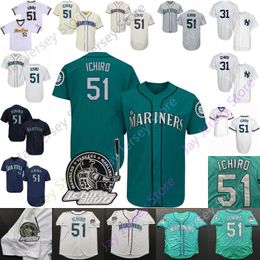 Baseball jerseys Ichiro Suzuki Jersey Blue Wave Cream Groen Green Gray Wit 3000e hit Patch-fans speler Pinstripe met naam Pullover-maat S-3XL