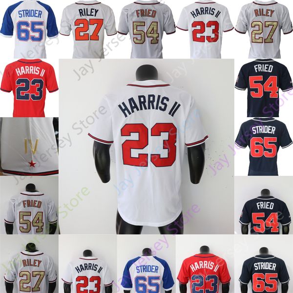 Maillots de baseball Michael Harris II Jersey Austin Riley Max Fried Spencer Strider Pullover Marine Blanc Or Rouge Joueur Fans Boutonné Taille Jeune Adulte