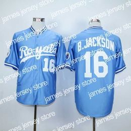 Maillots de baseball Vintage Bo Jackson 5 George Brett Maillots de baseball 1986 1987 Bleu Blanc Pull en maille Bouton Home Away Tous cousus et brodés