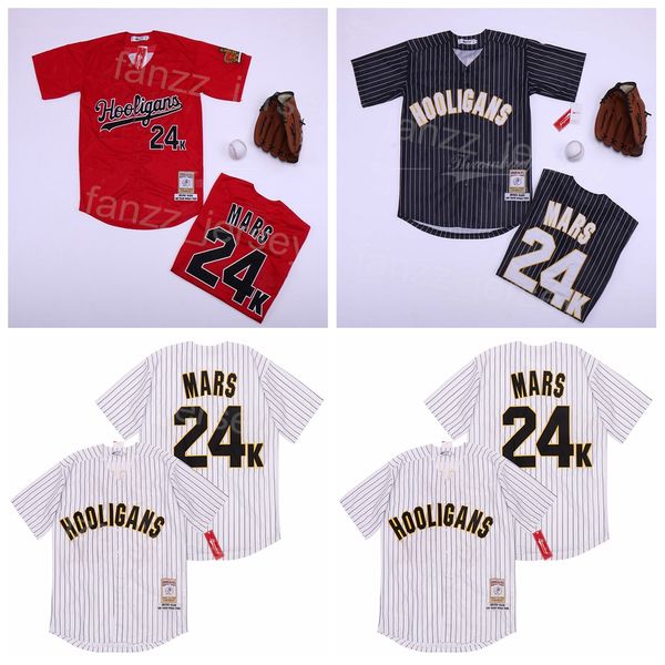 Baseball Moive Hooligans 24K Bruno Mars Jersey Hommes Pinstripe Noir Rouge Blanc Broderie Et Couture Cool Base Cooperstown Pur Coton Respirant Retro College