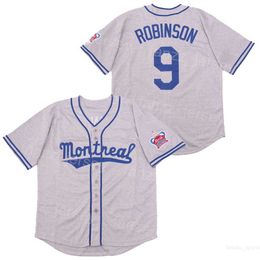 Película de béisbol Montreal Royals Jerseys 9 Jackie Robinson the 1946 Retro Vintage Cool Base Team Grey College bordado y costura HipHop transpirable para fanáticos del deporte