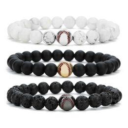 Bracelet Sports Baseball, Bracelet Nature Pierre De Lave Noir Et Blanc Homme