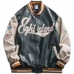 Chaqueta de uniforme de béisbol High Street Chaqueta de carreras de cuero Unisex empalmado American Vintage Pu Streetwear chaqueta de bordado de letras j97s #