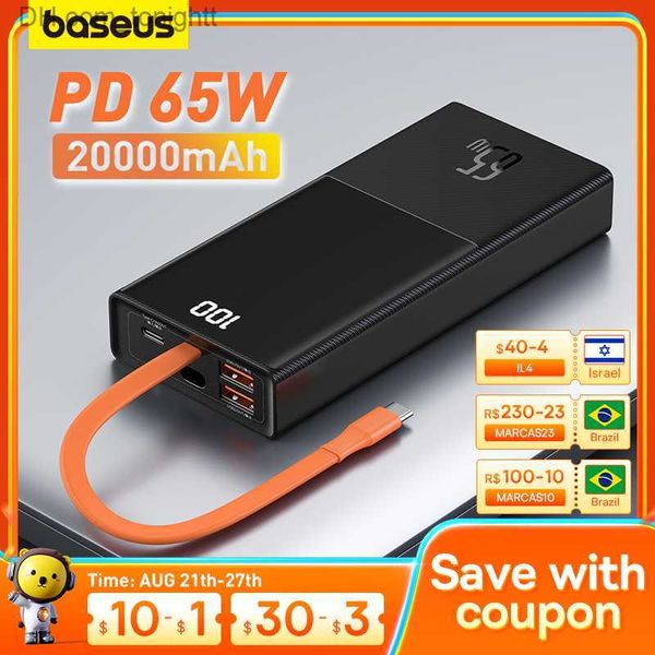 Baseus 65W Power Bank 20000mAh avec câble bidirectionnel de type C Batterie externe pour téléphone et ordinateur portable Charge rapide à trois ports Q230826