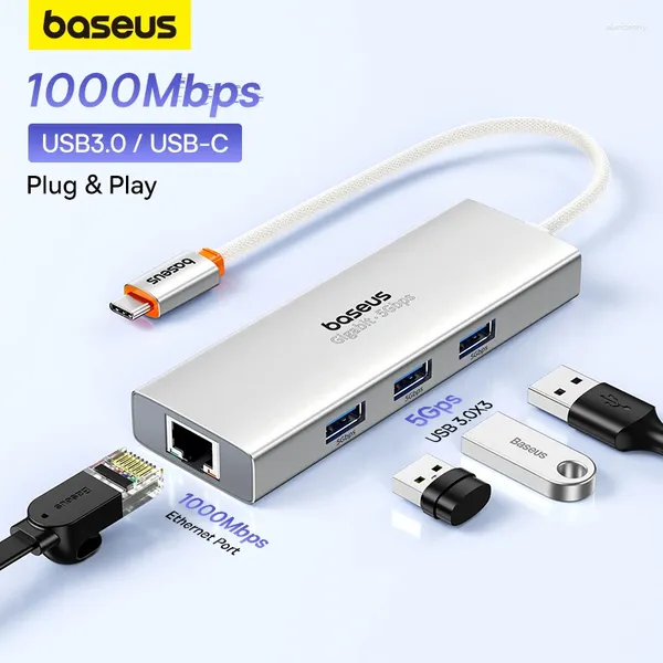 Baseus-concentrador USB con puerto Ethernet de 1000Mbps, adaptador 3 3,0, RJ45, Lan C, para PC, Mi Box, Macbook, accesorios para ordenador portátil