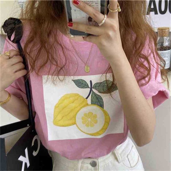 Basewear Chic Loose Sale Tops Casual Prom Tee Retro Summer Lemon Imprimé Pulls à manches courtes T-shirts 210525